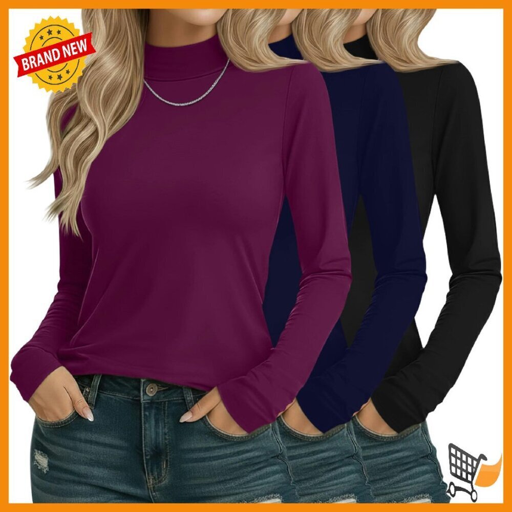 3 Pack Cotton Mock Turtleneck Long Sleeve Tops Basic Tees Women's